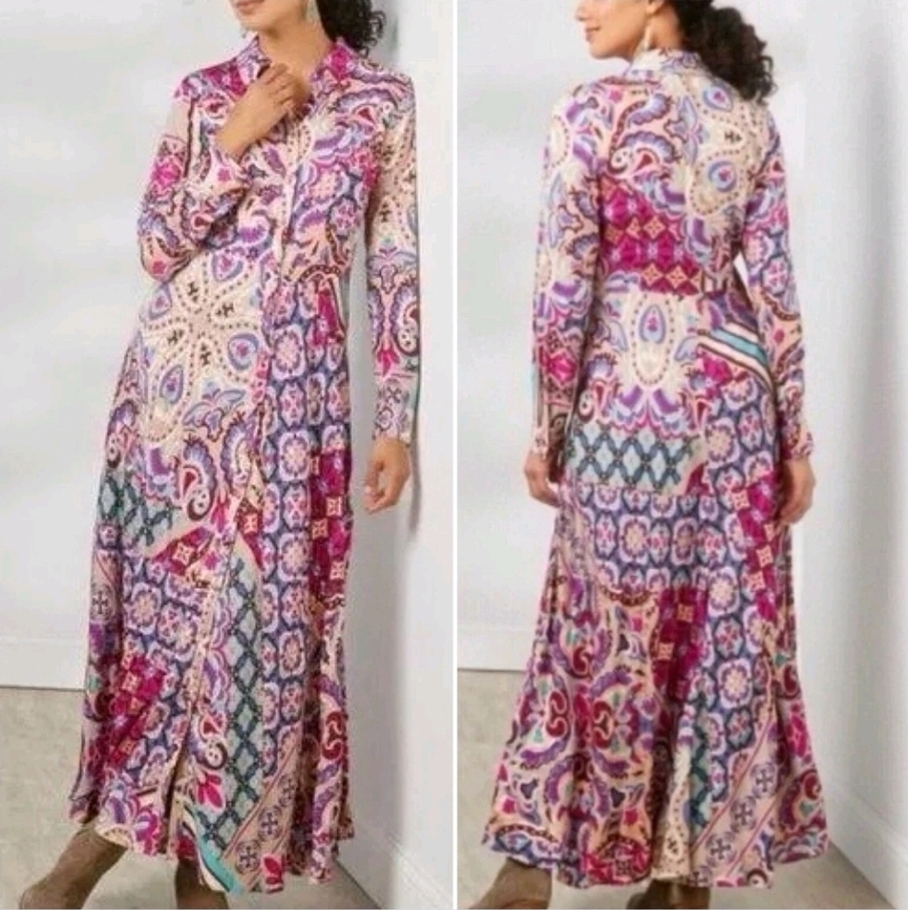 Soft Surroundings Maxi Dress Women's M Palermo Soho Long Sleeve Multi-Color Boho - Picture 2 of 10